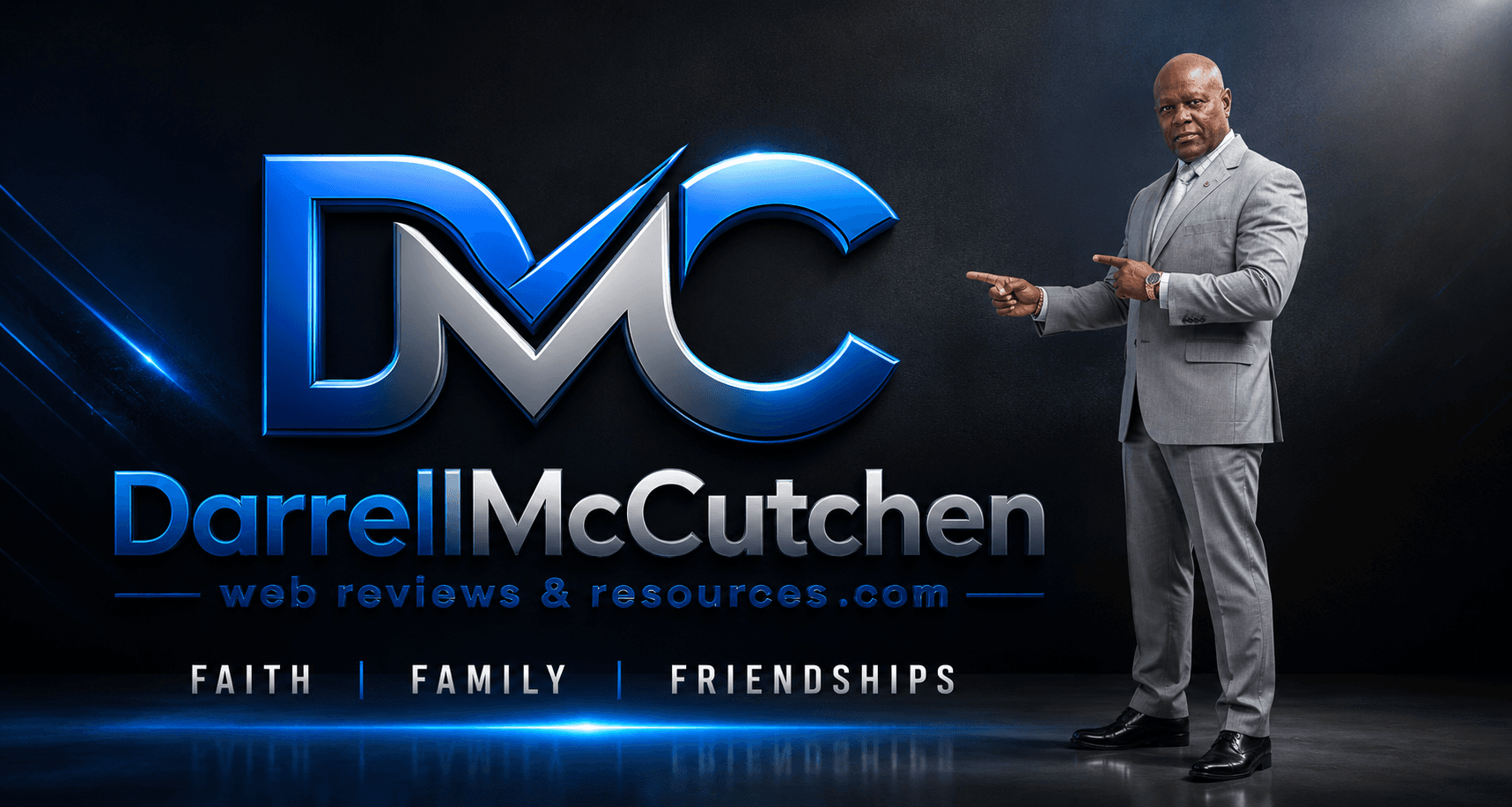 Darrell McCutchen DMC brand hero with the words Faith, Family, Friendships